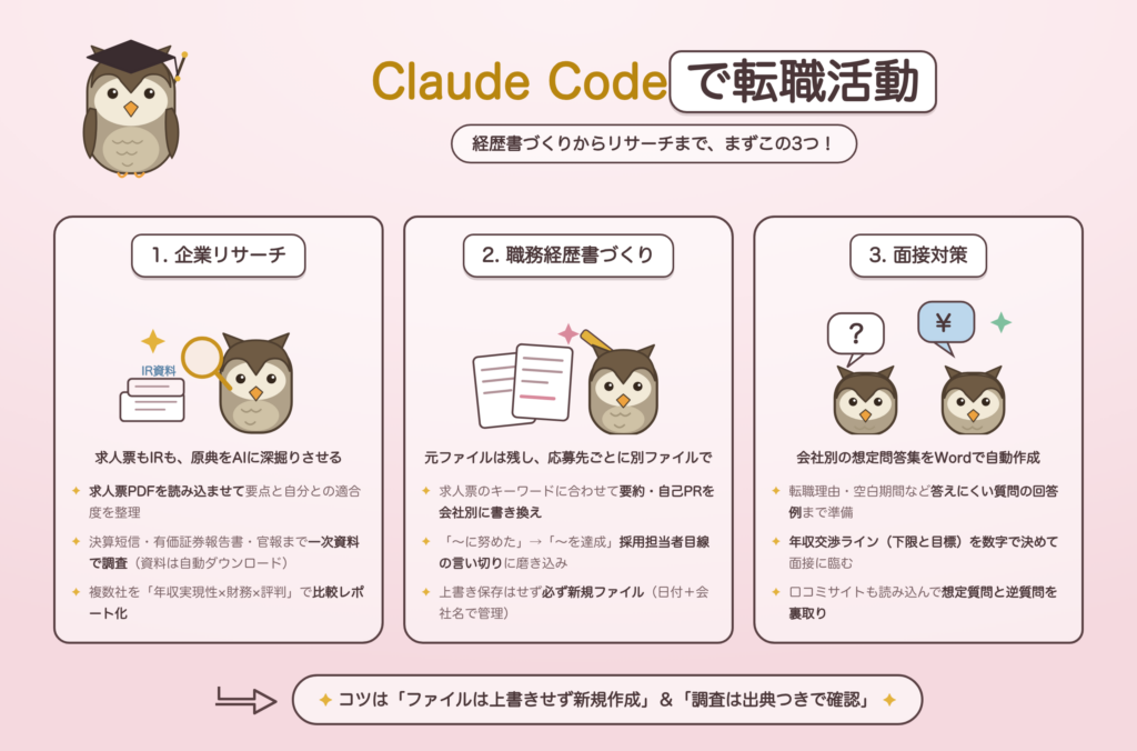 ClaudeCodeで転職活動をする方法の図解