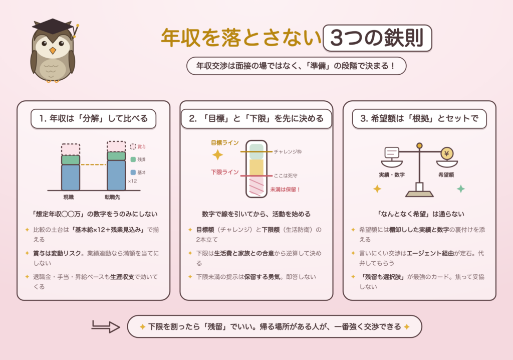 40代の転職で年収を落とさない3つの鉄則の図解